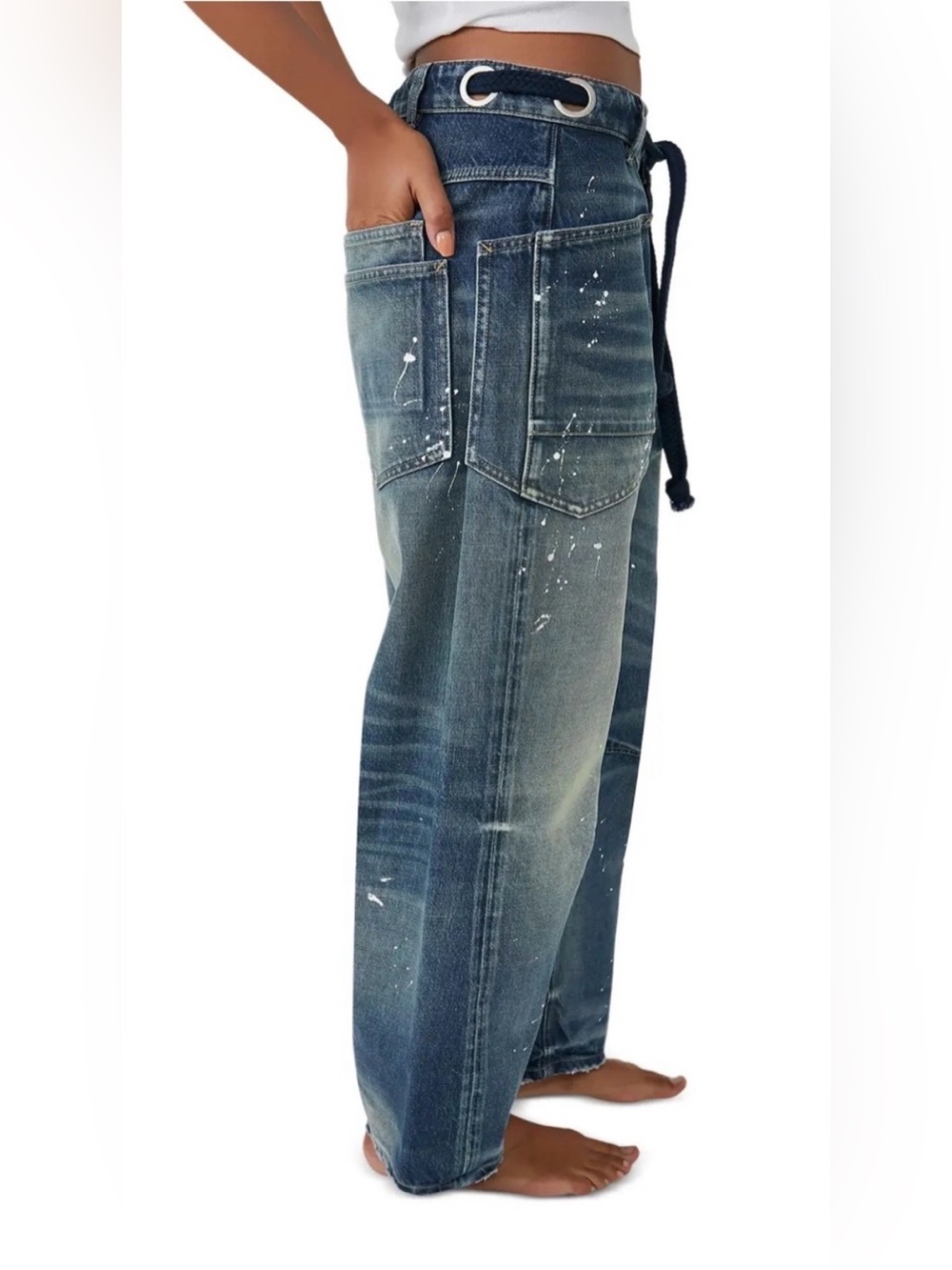 We The Free Blue Paint-Splatter Wide-Leg Barrel Jeans in Timeless Blue - Picture 5 of 9